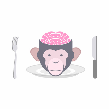 Monkey Brains prohibited dish of Oriental cuisines Chinese, Indonesian and African cuisines. Animal's head on a plate. Cutlery: knife and fork. Food Delicacy forbidden in restaurant.のイラスト素材