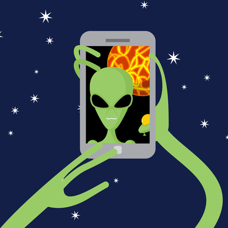 Selfie space Alien shoots himself on phone against backdrop of  planet. のイラスト素材