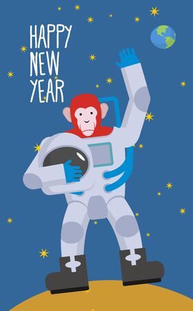 Red Monkey astronaut waving hand. Happy new year. Chimpanzees in spacesuit stands on  Moon in space. Vector illustrationのイラスト素材