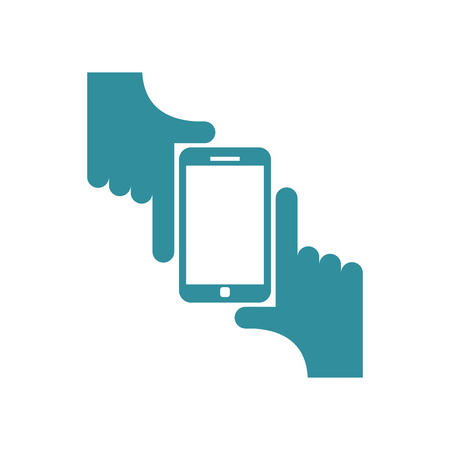 Selfie logo. Sign for fans to be photographed. Two hands hold Smartphone. Vector illustrationのイラスト素材