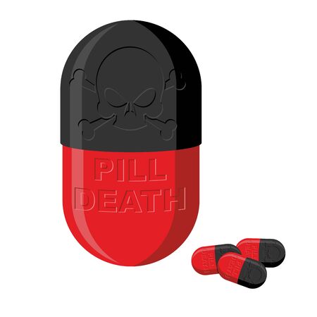 Tablet with a skull. Pill death. Medical product vector illustration.のイラスト素材