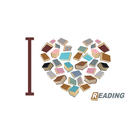 I love to read. Symbol heart of book reading. Many books vector illustration.のイラスト素材