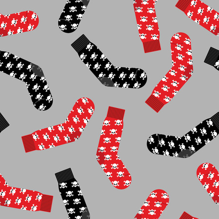 Black and Red socks with skull seamless pattern. Vector background of clothing accessories for Halloweenのイラスト素材