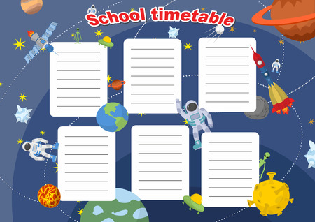 School timetable with space design. Lesson plans all week. Planets and rockets, astronauts and UFO.のイラスト素材