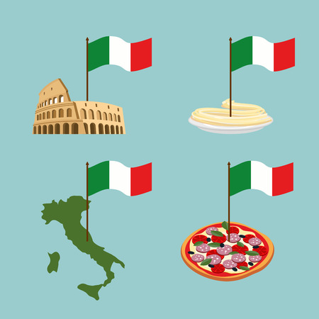 Set icon Italy. Flag and map, pasta and pizza.のイラスト素材