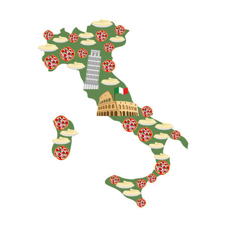 Map of Italy. Traditional Italian food symbols: Pizza and pasta. National landmarks of country: leaning tower of Pisa, Colosseum.のイラスト素材
