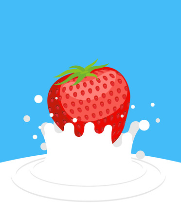 Red ripe strawberry drops in fresh milk on a blue background. Splashes of white milk. Vector illustration food.のイラスト素材