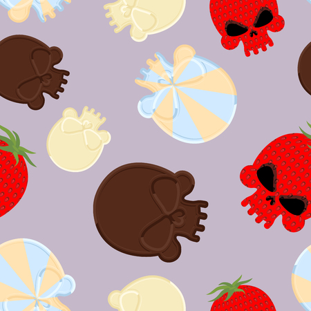 Sweets for Halloween seamless pattern. Skull made out of chocolate, strawberry and caramel. Head skeleton vector Backgroundのイラスト素材