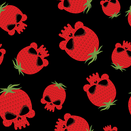 Strawberry skull seamless pattern. Red head skeleton with texture of berries. Vector background for Halloweenのイラスト素材