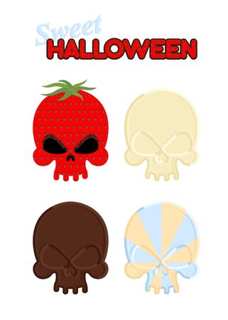 Sweet Halloween. Set Sweet skull of white and dark chocolate, strawberry and caramel. Vector illustration of candy for holidaysのイラスト素材
