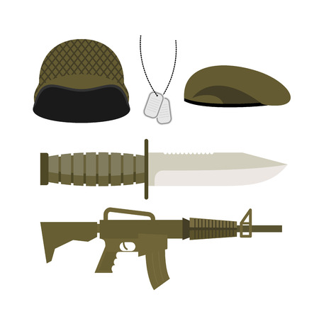Set Army Military icon, Soldiers helmet and badge, gun and knifeのイラスト素材