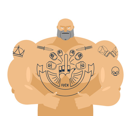 Man tattoos \"fuck\". Bandit with big musclesのイラスト素材