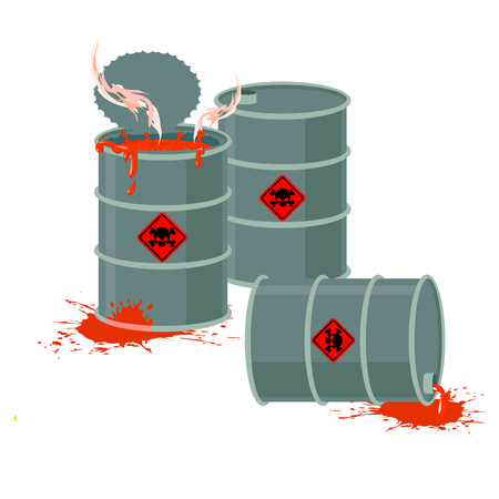 Barrels of Red acid. Hazardous chemical waste. Vector illustration containers with toxic liquidのイラスト素材