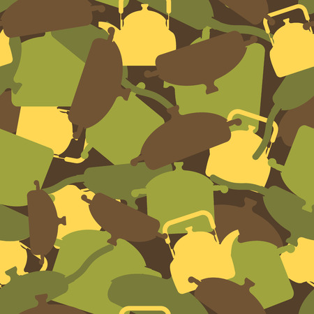 Military texture of kitchen utensils. Camouflage army seamless pattern from pots, pans and roasters. Soldiers seamless background for soldier canteen and cook.のイラスト素材