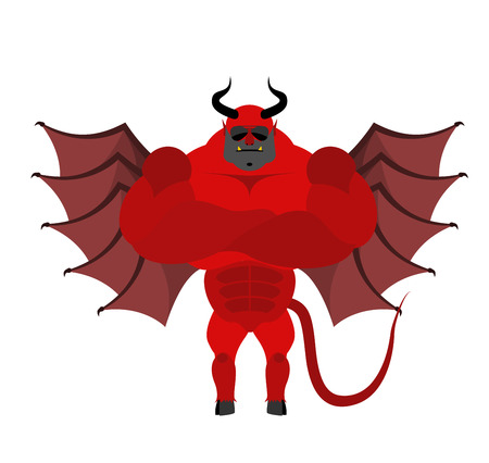 Strong Satan. Red demon with horns and wearing sunglasses. Big and strong Devil with wings. Scary bodybuilder. large muscles and tail. Fitness from hellのイラスト素材