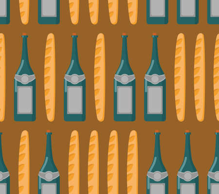 French seamless patern. Baguette and wine. Vector background of national food Franceのイラスト素材