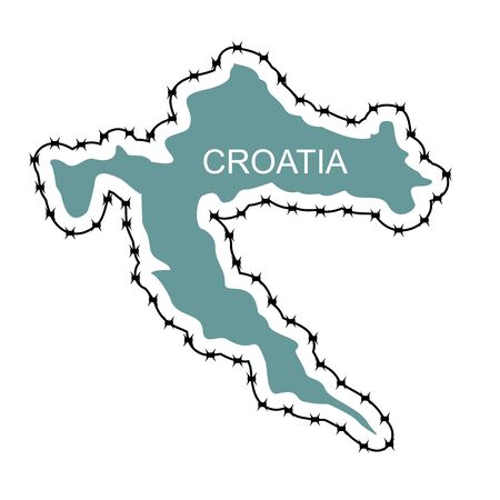 Map Of Croatia. Country closes   border against refugees. Map of States with barbed wire. European country protects its borders. Surrounded by  perimeter fenceのイラスト素材