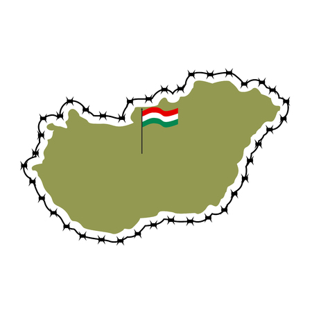 Map of Hungary. Country closes  border against refugees. Map of States with barbed wire. European country protects its borders. Hungarian Flag. Surrounded by perimeter fenceのイラスト素材