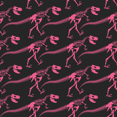 Jurassic dinosaur bones seamless pattern. Tyrannosaurus skeleton pink. Ancient fossil ornament. Vector background of Archeology.のイラスト素材
