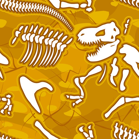 Dinosaur bones seamless background. Pattern of skeleton of ancient animals. Vector ornament fossil Tyrannosaurus Rex. Bones of the Mesozoic period, sand and Earth.のイラスト素材