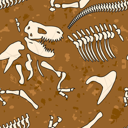 Fossil dinosaur seamless pattern. Bones of Tyrannosaurus vector background. Ancient animal predator Mesozoic period. Ornament of archaeological excavations. Prehistoric monsterのイラスト素材