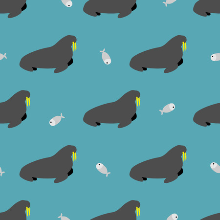 Seal and fish seamless pattern. Walrus with large tusks. Arctic animals fabric ornamentのイラスト素材