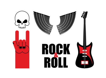Set symbol rock music . Skull and wings, guitar and rock hand sign. Rock and rollのイラスト素材