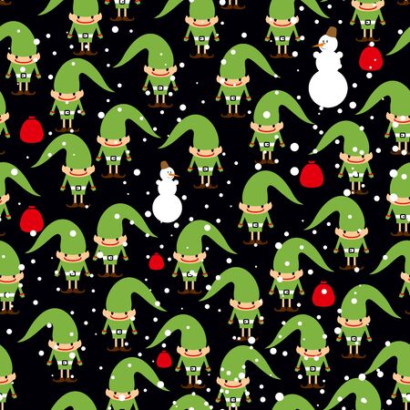 Elf Santas helper seamless background. Feast of texture. Snowman bag with gifts and texture.のイラスト素材