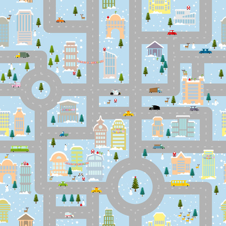 Large winter Christmas town. Metropolis with office buildings and transport. Skyscrapers and public property. Snowfall. Santa and helpers bring gifts. Christmas tree and snowman, Elf and reindeer. Seamless Christmas pattern.のイラスト素材