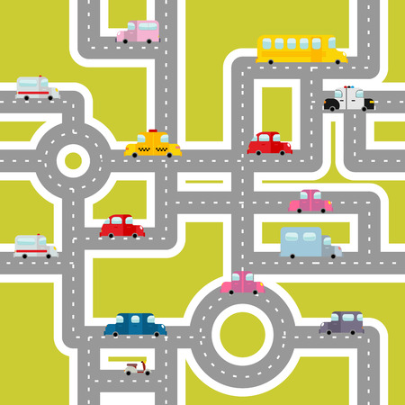 Road and transport seamless pattern. Cartoon map of cars and traffic. Bus and ambulance. Taxis and scooter. Texture of Cars for childrens fabric.のイラスト素材