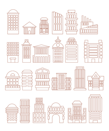 Set  buildings  icons. Public and administrative complexes. Large business centers. Skyscrapers and towers. Urban structure. Urban icons of lines. Elements of the city. Outline government buildingsのイラスト素材