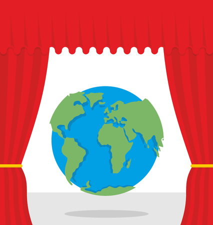 World scene. Red curtain opens Earth. Theatrical presentation by globe.のイラスト素材
