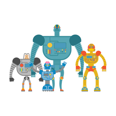 Set space robots. Cyborgs invaders. Humanoid machines with artificial intelligence and iron body.のイラスト素材