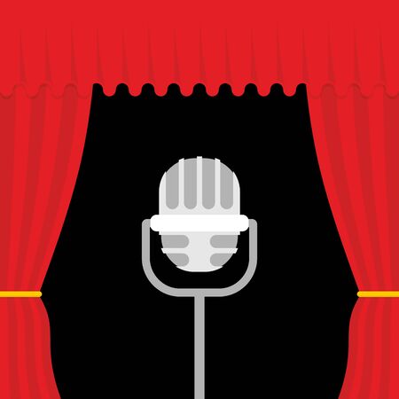 Stage with red curtain and retro microphone. Open theatre curtain. Device for presentations. Accessory lead.のイラスト素材