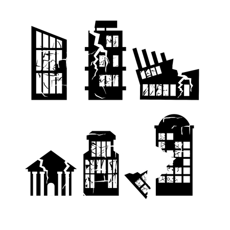 Set of destroyed buildings. Home after earthquake. Skyscrapers and business centre broke down.のイラスト素材