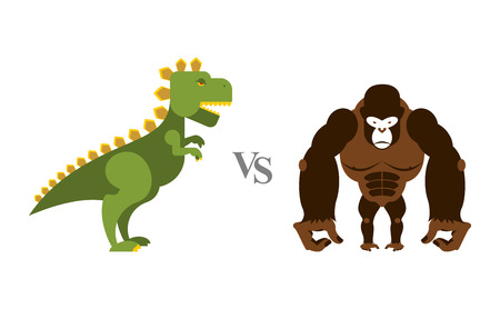 Godzilla vs King Kong. Battle monsters. Big wild monkey and scary dinosaur. Contest of destroyers.のイラスト素材