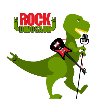 Rock dinosaur. Tyrannosaurus is singing into microphone. Dino T-Rex with an electric guitar. Green toothy Monster sings. Prehistoric animal in image of rock musician. Tail rock hand symbol.のイラスト素材
