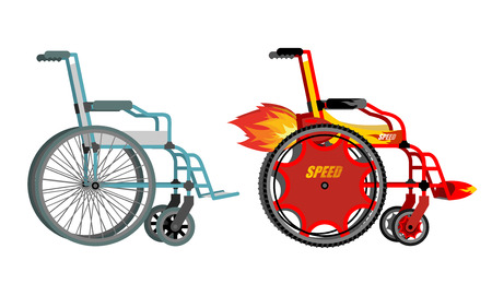 Standard and custom wheelchair. Armchair with turbo engine for high speed. Turbine with fire. Racing in wheelchairs for persons with disabilities.のイラスト素材
