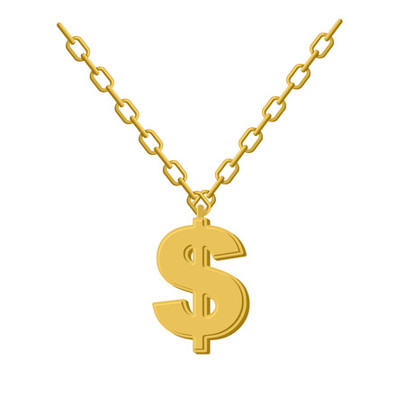 Gold dollar on chain. Decoration for rap artists. Accessory of precious yellow metal to hip hop musicians.のイラスト素材