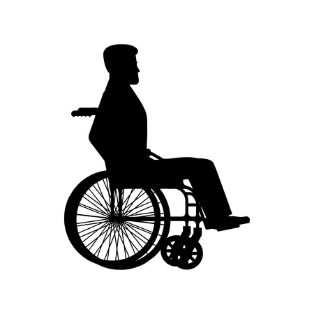 Disabled wheelchair silhouette. Man sits in carriage with wheels.のイラスト素材