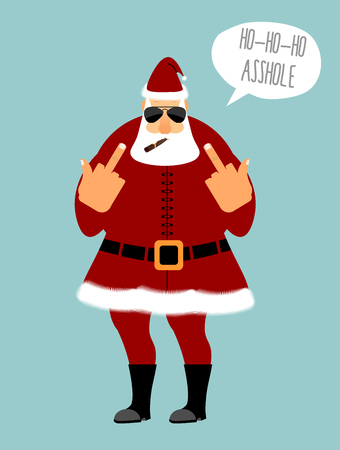 Angry Santa smokes cigar and shows fuck. HO HO HO is an asshole. Fabulous grandfather with grey beard in sunglasses. Bully Santa.のイラスト素材