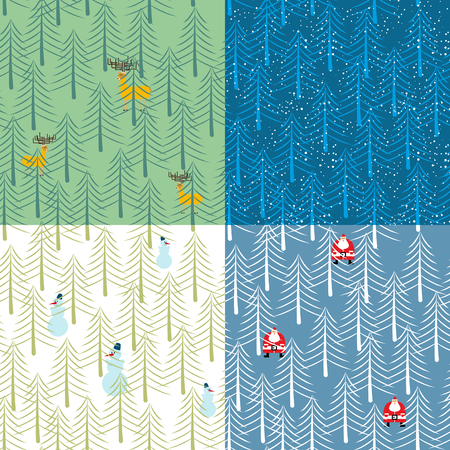 Winter tree seamless pattern. Trees in snow and Santa Claus. Winter forest and snowmen. Texture of deer in  Woods. Background of trees and animals.のイラスト素材