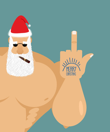 Bully bad Santa Claus shows fuck. Old grandfather with  cigar and sunglasses. Christmas Cap.のイラスト素材