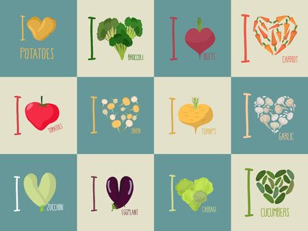 Set of I love vegetables: Eggplant and cucumber. Symbol of heart of  carrots and potatoes. I love tomato and garlic. Sign for vegetarians.のイラスト素材