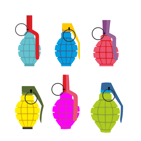 Set colored hand grenades. Fun colorful military ammunition. Army shells.のイラスト素材