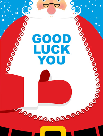 Santa Claus good luck. Bearded Christmas character showing thumbs up. Everything is good. New years grandfather in crane jacket. Good Jolly old man.のイラスト素材