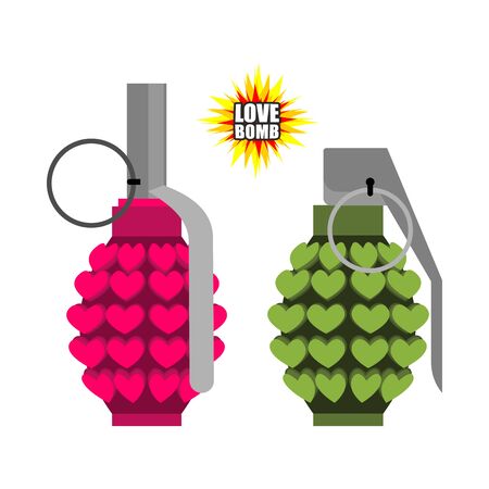 Love bomb. Hand grenade from  hearts. Pink military projectile hippies. Munition with love. Breaking world war bomb.のイラスト素材