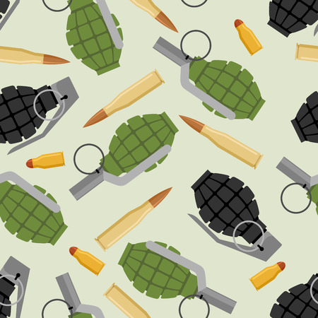 Military ammo seamless pattern. Grenade and Ammo military texture. Manual bursting grenades and cartridges for submachine gun.のイラスト素材