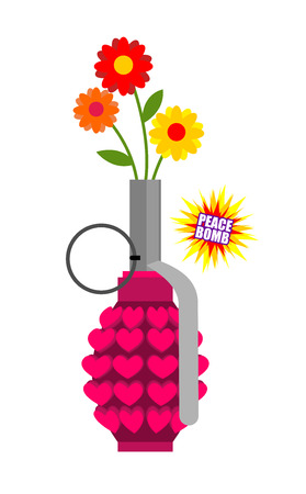 Hand grenade with hearts. Army equipment. Pink military ordnance. Army missile for love. World love bomb inside. Weapons Of  Hippies. Flowers in military ammoのイラスト素材