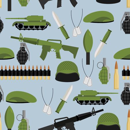Army seamless pattern. Arms background. Tanks and hand grenade. Automatic and green beret. Soldiers texture. Ornament of military: soldiers helmet and badge. Bandolier and knife.のイラスト素材
